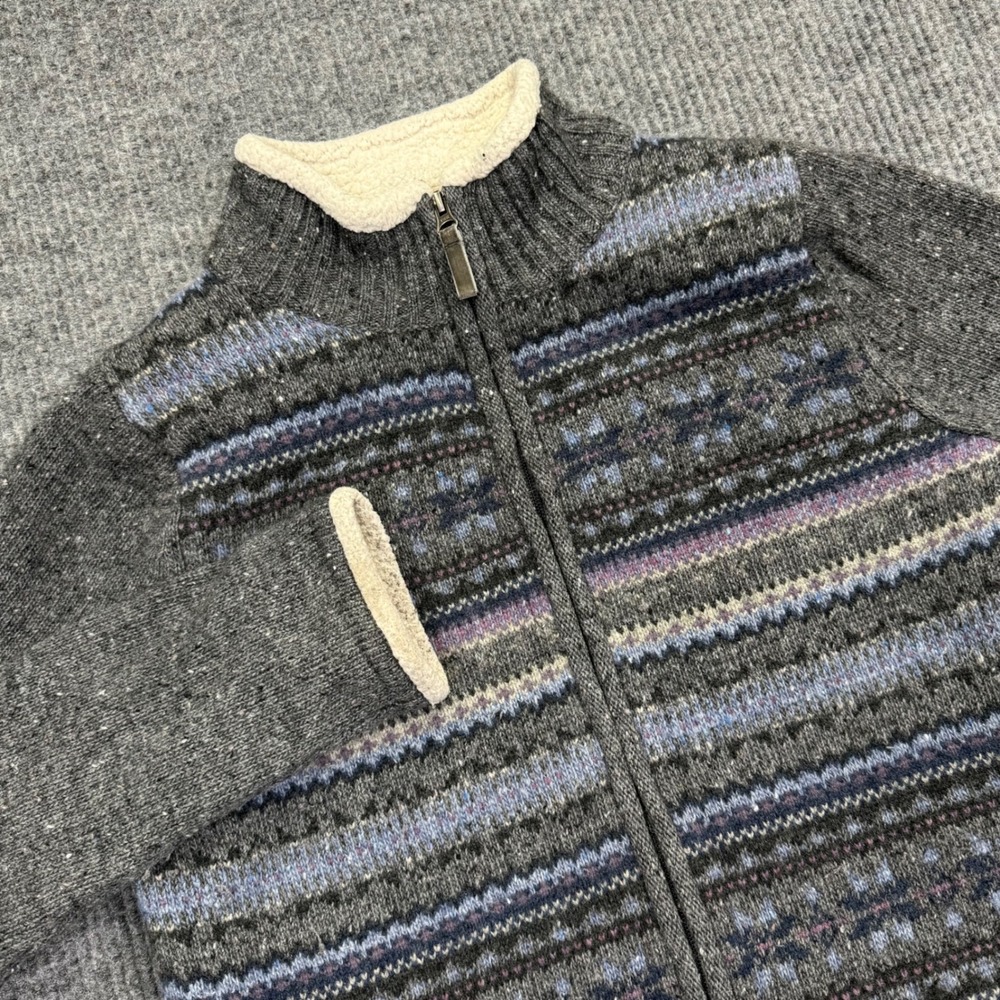 LL Bean Womens Lambswool Sherpa Lined Fair Isle Zip Sweater Jacket Gray Medium